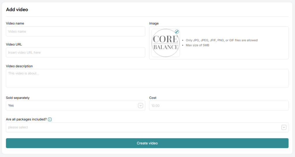 ClassFit add video form showing video name, URL, image, and cost fields
