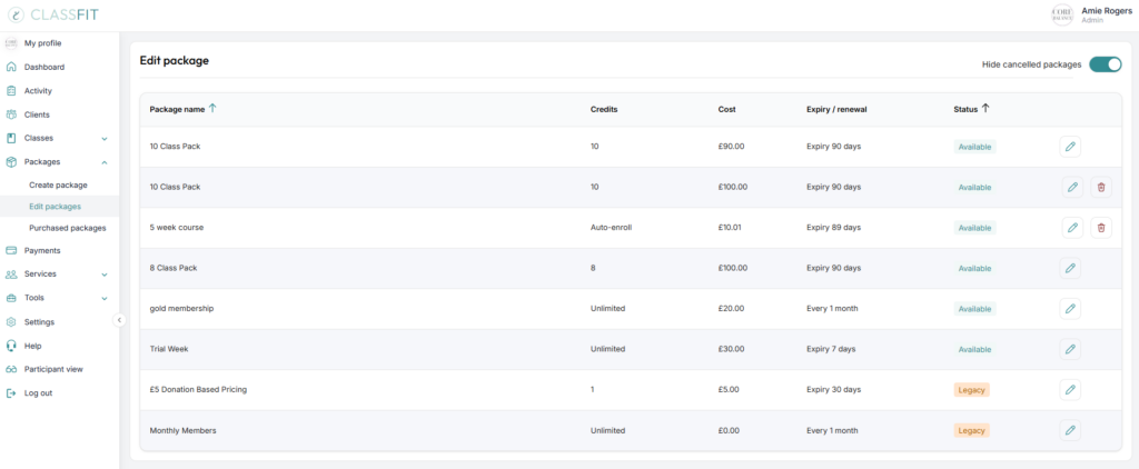 Edit packages page listing class packages with credits, cost, and status columns