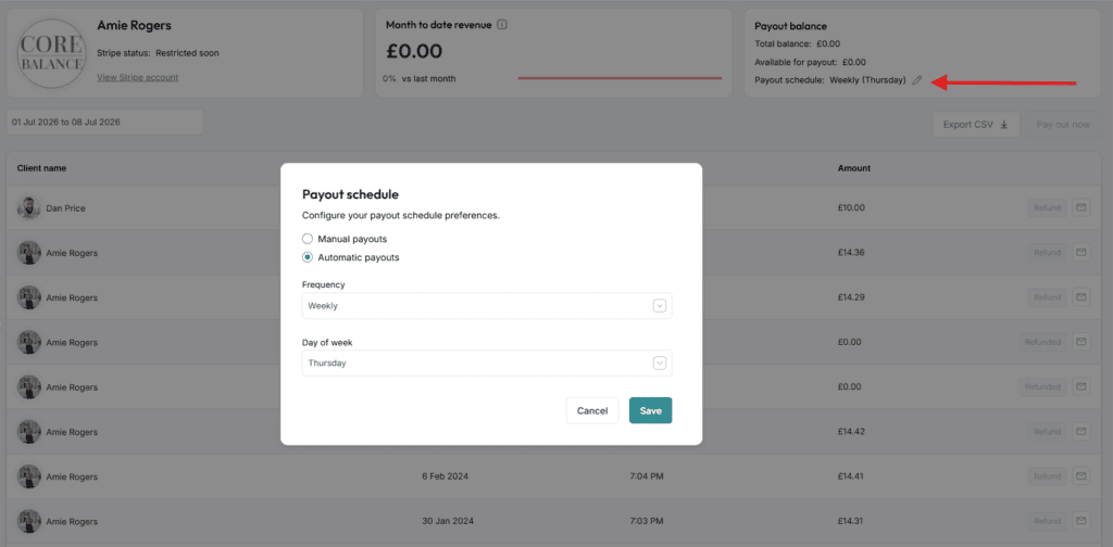 ClassFit Stripe payout schedule popup showing automatic weekly payout frequency and day selection
