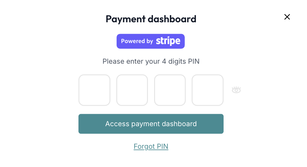 PIN entry screen for accessing the Stripe-powered payment dashboard with a 4-digit code