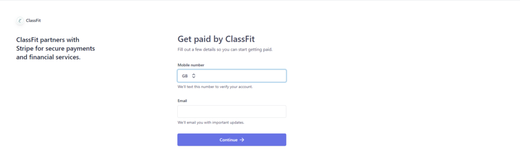Stripe onboarding start screen asking for mobile number and email to begin getting paid