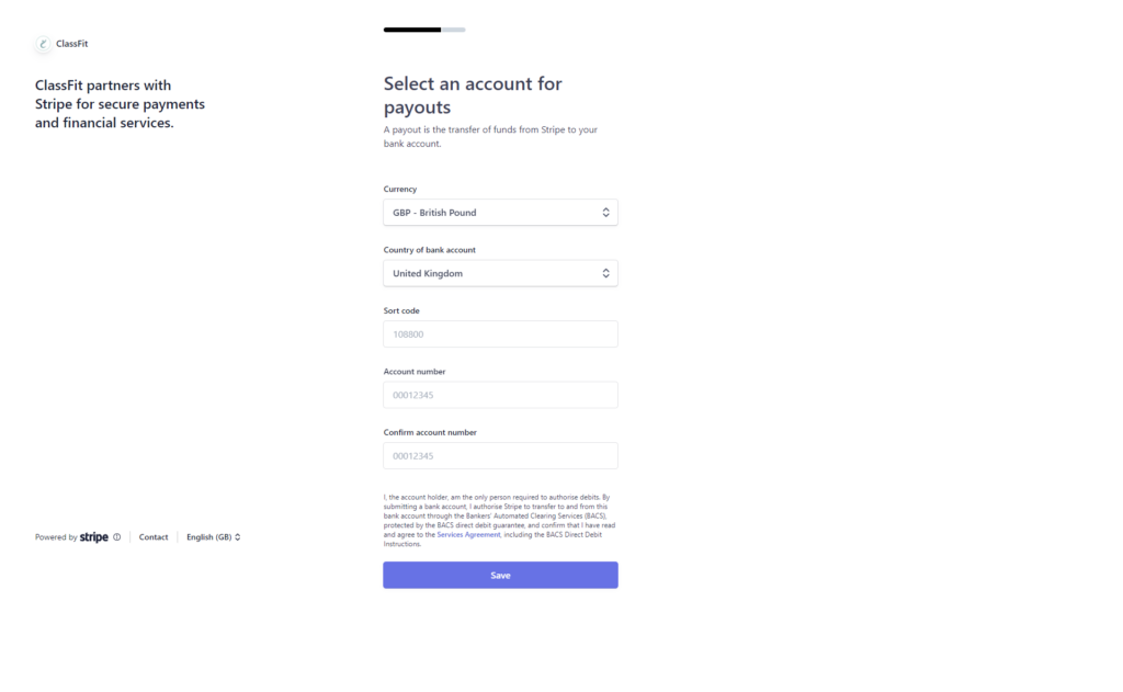 Stripe form for entering bank account details to receive payouts, including sort code and account number