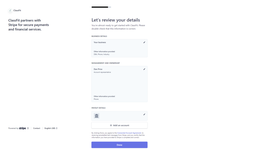 Stripe onboarding screen showing business details, ownership, and payout details for review