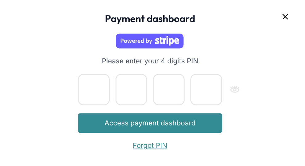 PIN entry screen for accessing the Stripe-powered payment dashboard with a 4-digit code