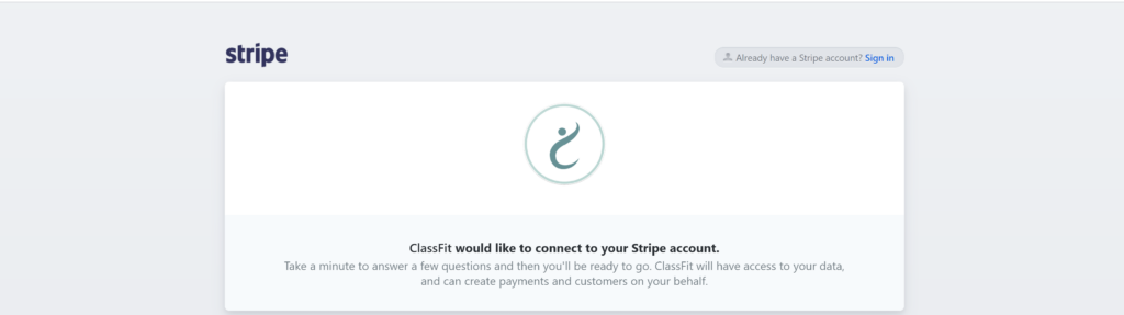 Stripe account connection screen asking ClassFit for permission to access data and create payments