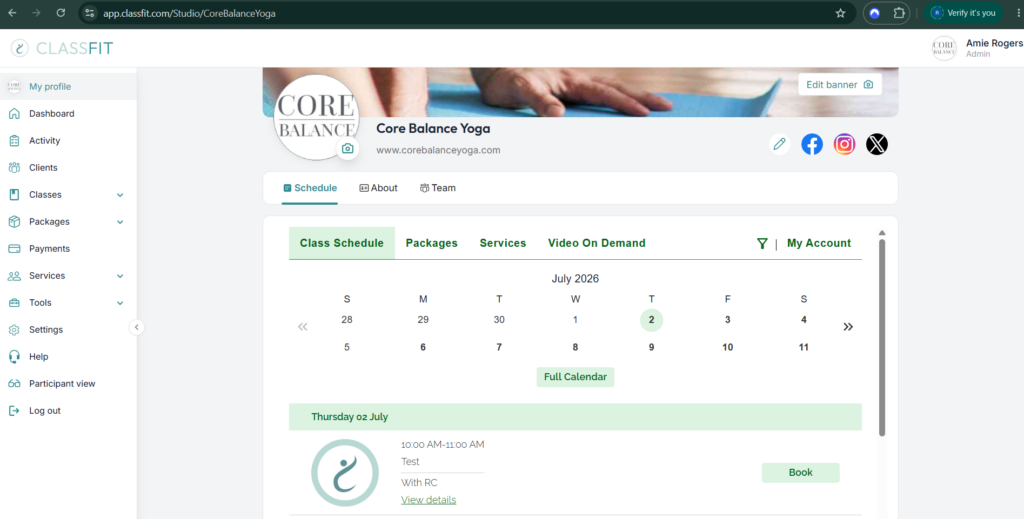 Browser window showing the studio profile page with schedule calendar and sidebar navigation