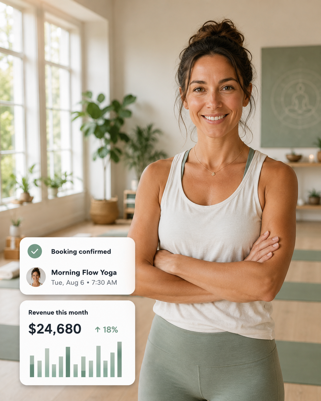 Yoga instructor smiling in her studio, with a confirmed booking and monthly revenue shown in ClassFit