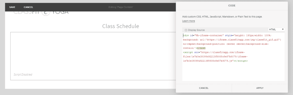 Squarespace Code block showing the HTML and script tags used to embed the ClassFit widget.