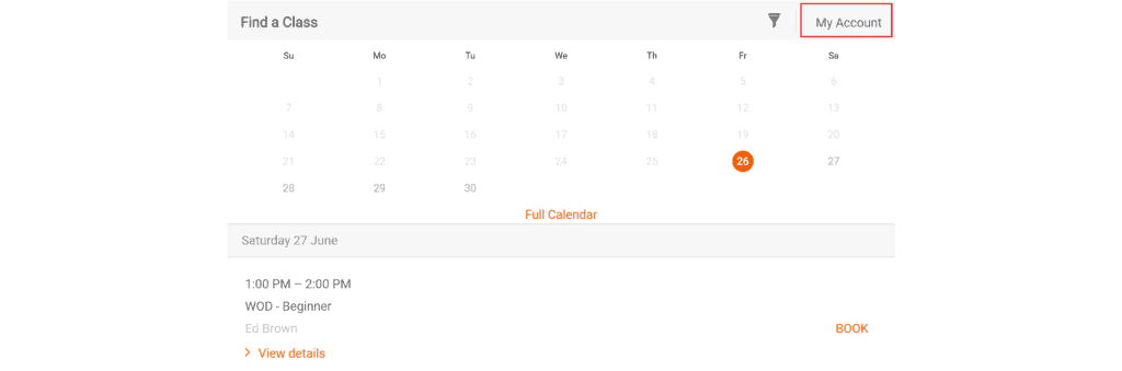 Embedded class booking calendar iframe with the My Account button highlighted in red.