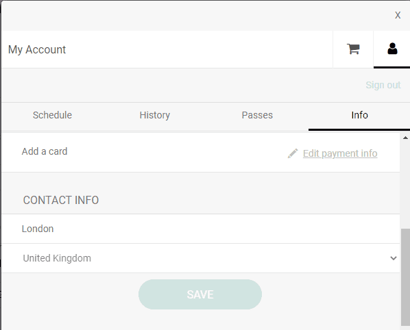 ClassFit My Account Info tab showing Add a card link and contact info fields