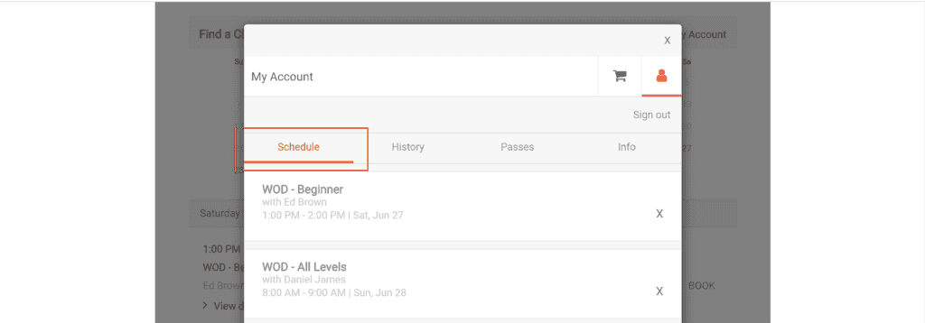 My Account iframe widget displaying a member's scheduled classes under the Schedule tab.