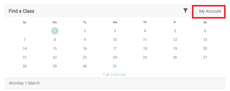 Find a Class booking calendar with the My Account button highlighted in the top right