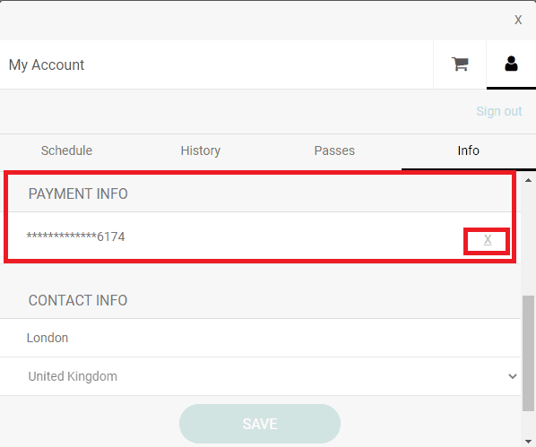 Payment Info section highlighting the delete X button next to a saved card