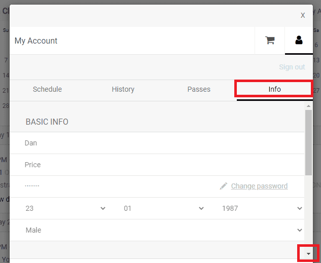My Account navigation with the Info tab highlighted above basic profile details