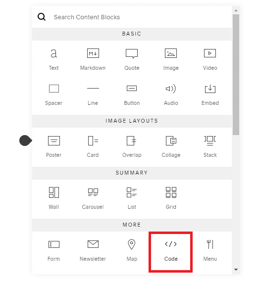 Squarespace content block menu with the Code block option highlighted for adding custom embeds.