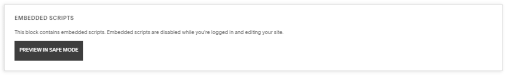Squarespace embedded scripts warning with a Preview in Safe Mode button shown in the editor.