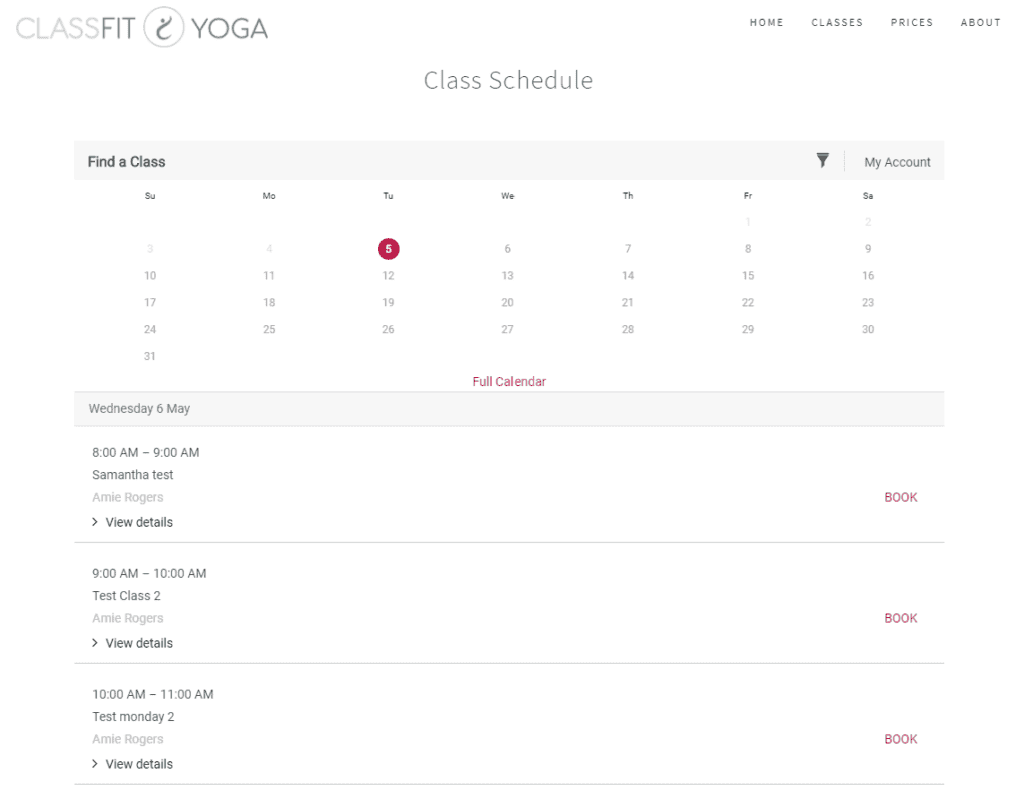 Class schedule booking widget embedded on a real Squarespace website for a yoga studio.
