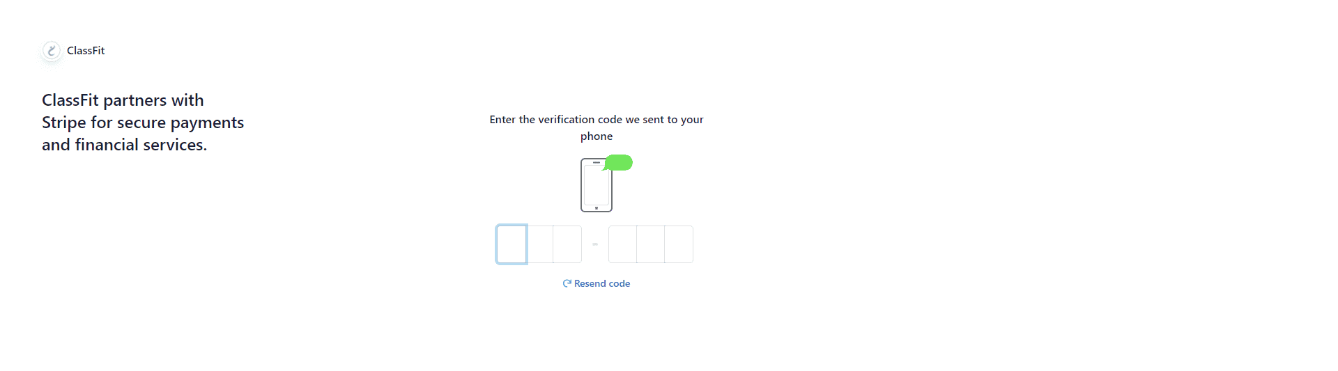 Stripe onboarding screen for entering the phone verification code during account setup