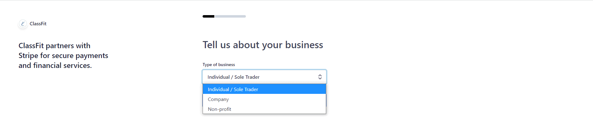 Stripe onboarding dropdown showing business type options including individual, company, and non-profit