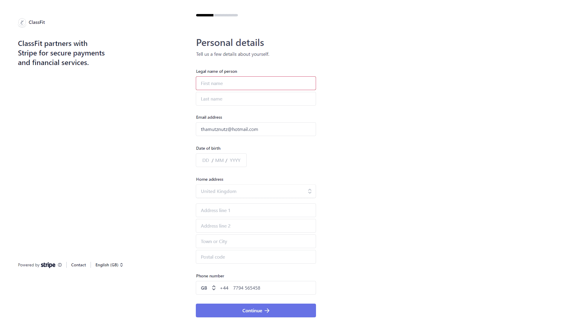 Stripe onboarding form requesting legal name, email, date of birth, and home address