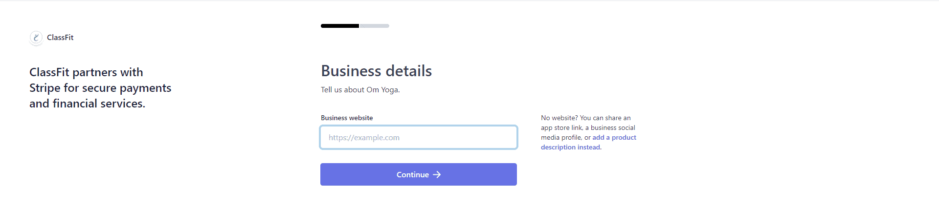 Stripe onboarding form asking for ClassFit business website details during account setup