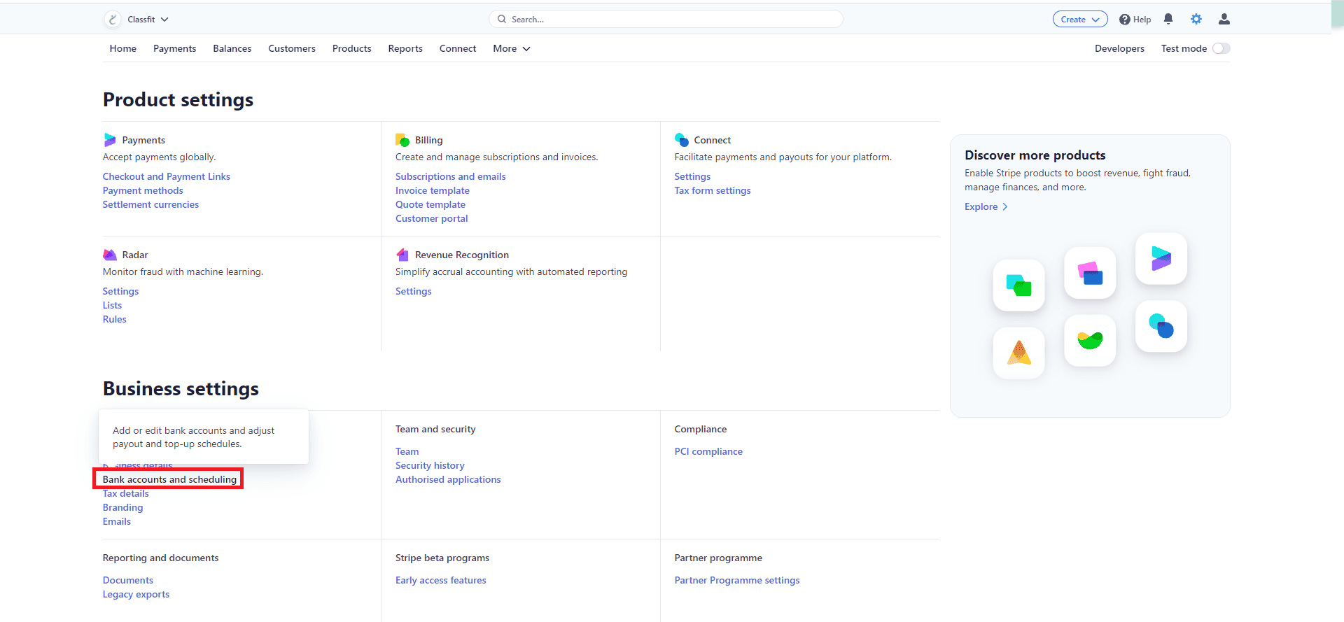Stripe settings dashboard with Bank accounts and scheduling link highlighted under Business settings