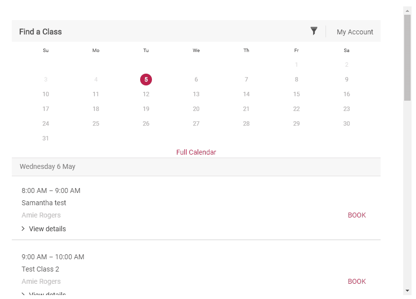 Class booking calendar widget embedded on a Wix website showing the Find a Class view.