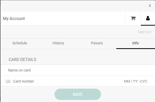 ClassFit My Account iframe showing the Info tab with fields to add a payment card