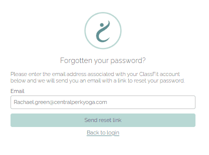 ClassFit forgot password page showing email field and send reset link button