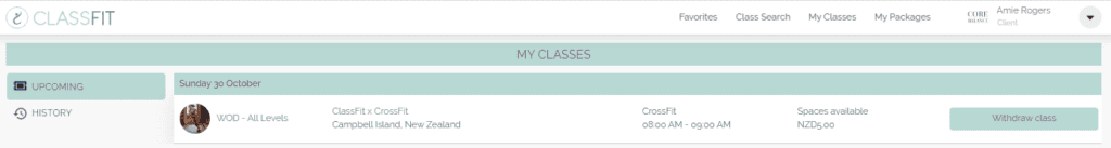 ClassFit My Classes dashboard listing an upcoming CrossFit class with a Withdraw Class button.