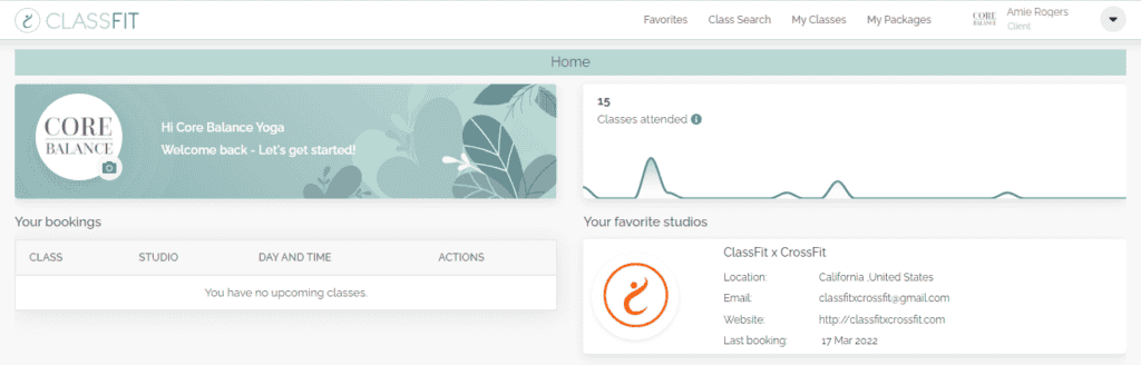 ClassFit client dashboard home screen showing classes attended, upcoming bookings, and favorite studios.