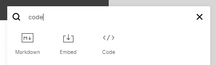 Squarespace block search filtered by "code" showing Markdown, Embed, and Code options.