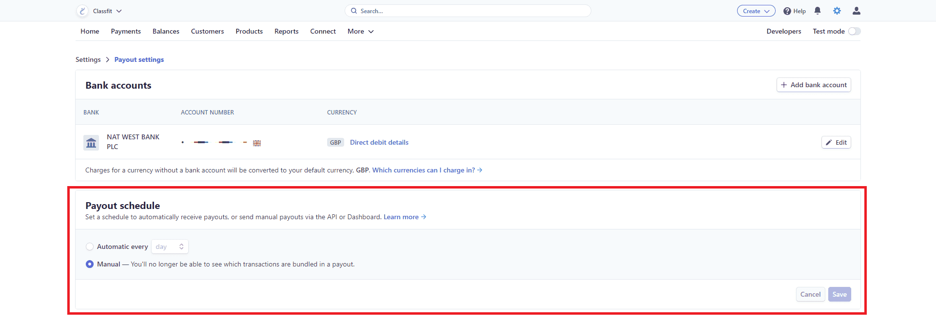 Stripe payout settings page highlighting automatic versus manual payout schedule options