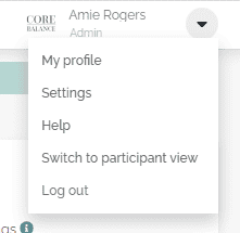 Admin user dropdown menu showing the Switch to Participant View option among account settings.