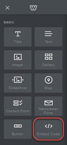 Weebly editor sidebar showing basic content blocks like text, image, and contact form