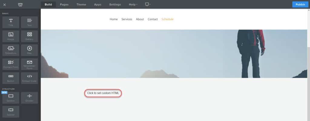 Weebly website builder showing the Click to Set Custom HTML placeholder on the page.
