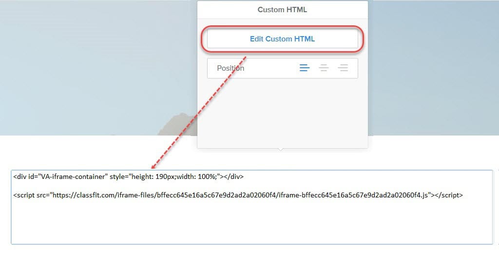 Weebly Custom HTML block with the Edit Custom HTML button highlighted for adding embed code.