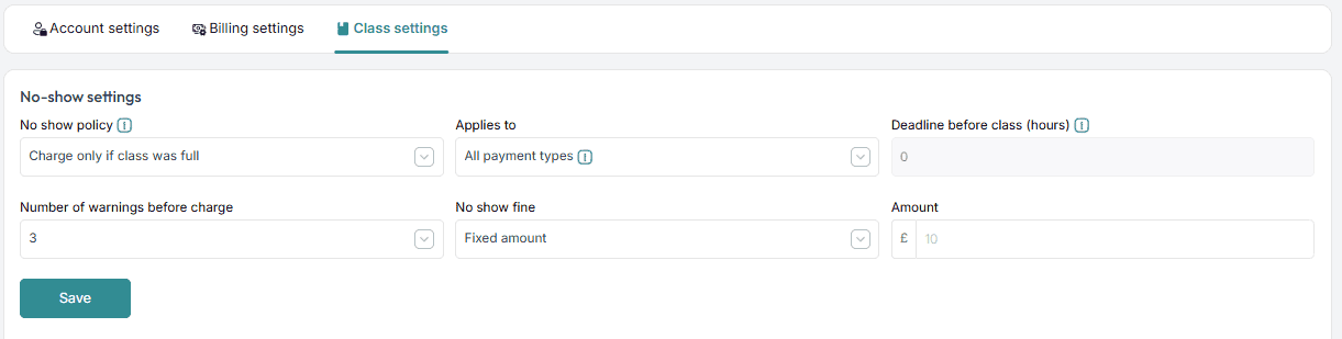 No-show settings on the Class settings tab